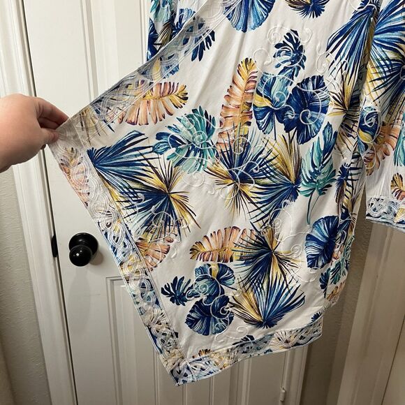 Chicos Size 1 Floral Tropical Palm Leaf Open Front Waterfall Cardigan Kimono M - Picture 4 of 11